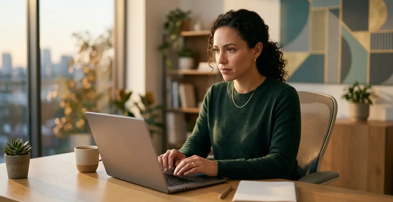 Professionnel souriant rédigeant une réponse attentionnée sur un ordinateur dans un environnement de travail lumineux