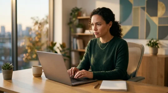 Professionnel souriant rédigeant une réponse attentionnée sur un ordinateur dans un environnement de travail lumineux