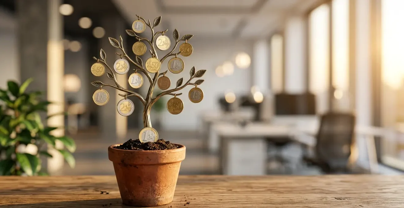 Illustration métaphorique du retour sur investissement marketing : pièce d'euro plantée qui fait pousser plusieurs pièces, représentant la multiplication de la valeur