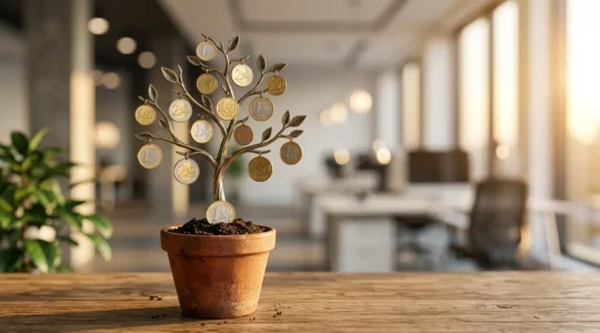Illustration métaphorique du retour sur investissement marketing : pièce d'euro plantée qui fait pousser plusieurs pièces, représentant la multiplication de la valeur