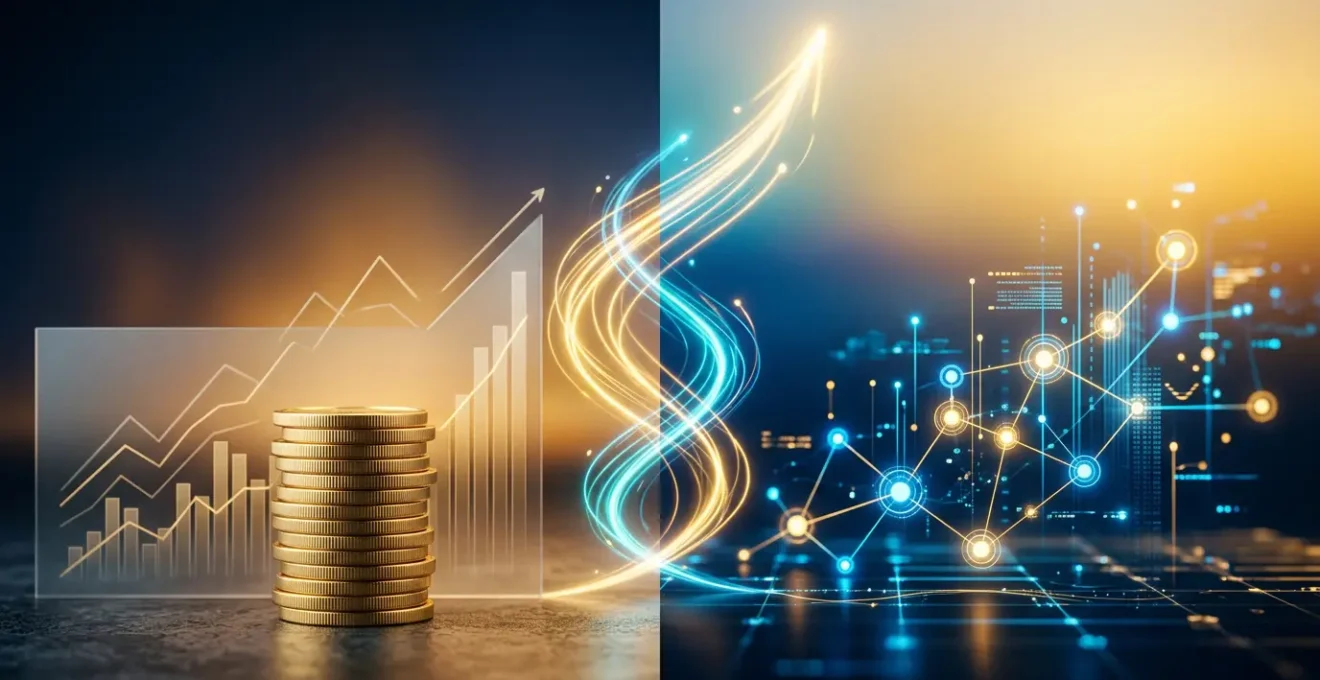 Un bureau moderne avec un écran montrant des graphiques de croissance SEO et des documents financiers