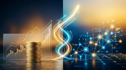 Un bureau moderne avec un écran montrant des graphiques de croissance SEO et des documents financiers