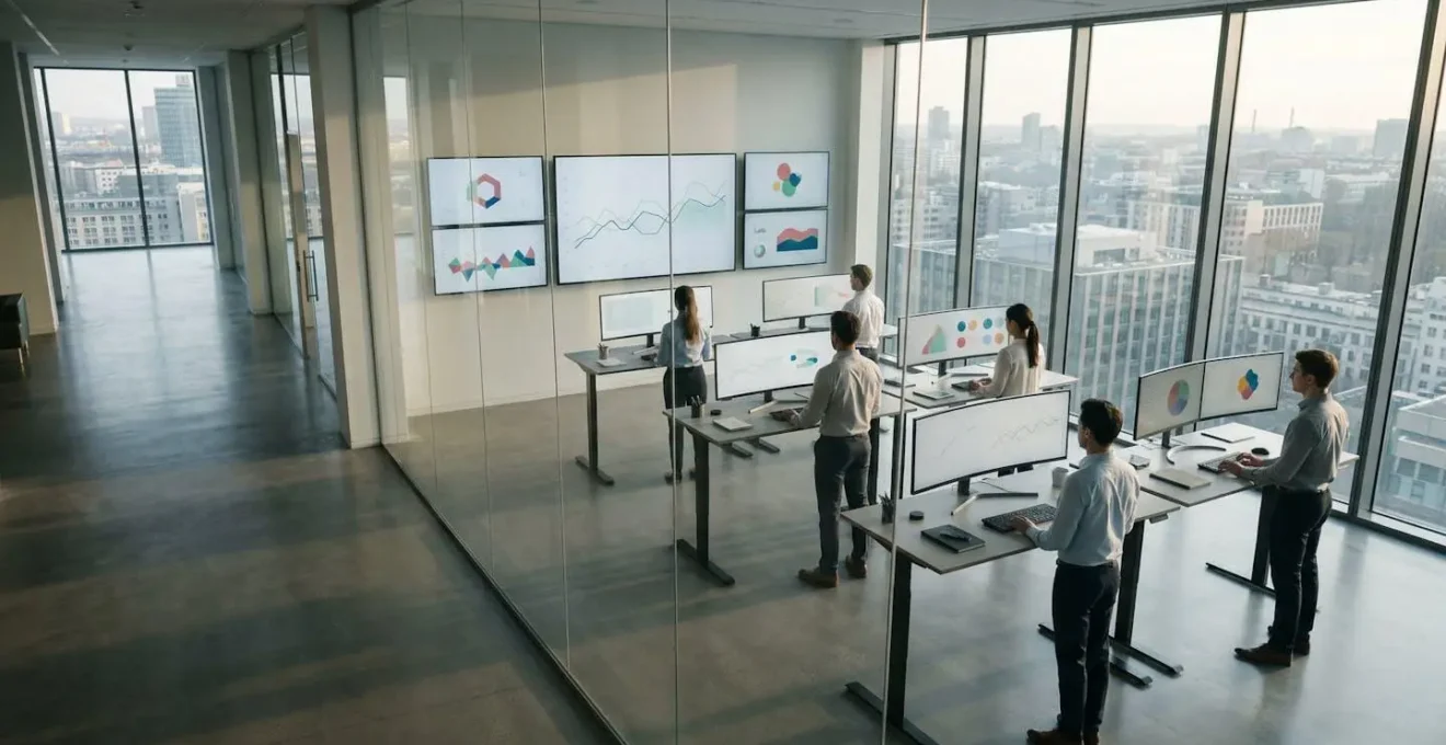 Vision panoramique d'une salle de contrôle moderne avec écrans de données et professionnels analysant des tendances de marché