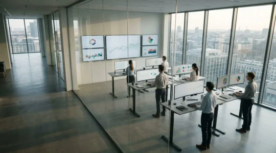 Vision panoramique d'une salle de contrôle moderne avec écrans de données et professionnels analysant des tendances de marché