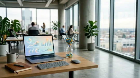 Vue panoramique d'un espace de travail moderne avec écran d'ordinateur affichant des graphiques de conversion et un entonnoir de vente stylisé