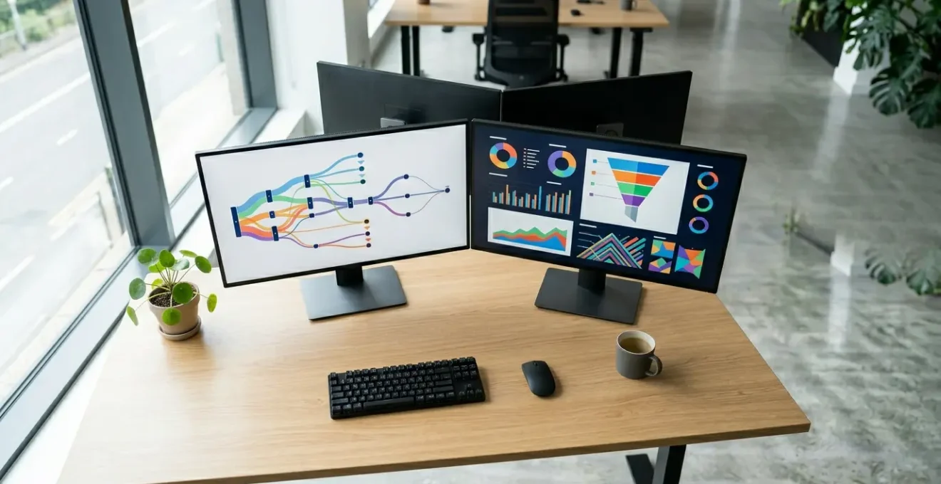 Vue aérienne d'un bureau moderne avec cartes de parcours client et analyses de données sur plusieurs écrans, lumière naturelle douce