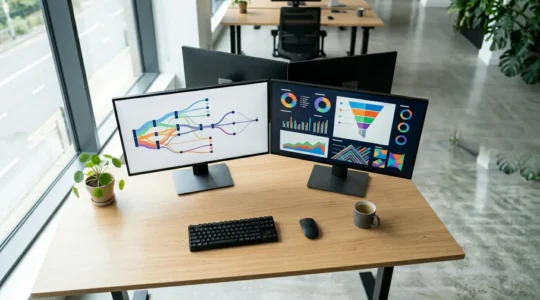 Vue aérienne d'un bureau moderne avec cartes de parcours client et analyses de données sur plusieurs écrans, lumière naturelle douce