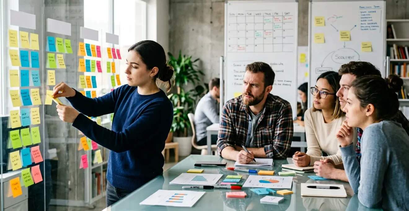 Équipe marketing travaillant ensemble sur une stratégie de contenu dans un bureau moderne