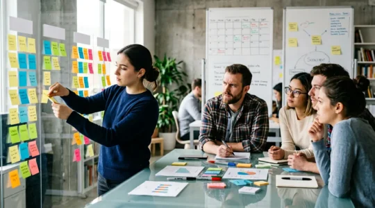 Équipe marketing travaillant ensemble sur une stratégie de contenu dans un bureau moderne