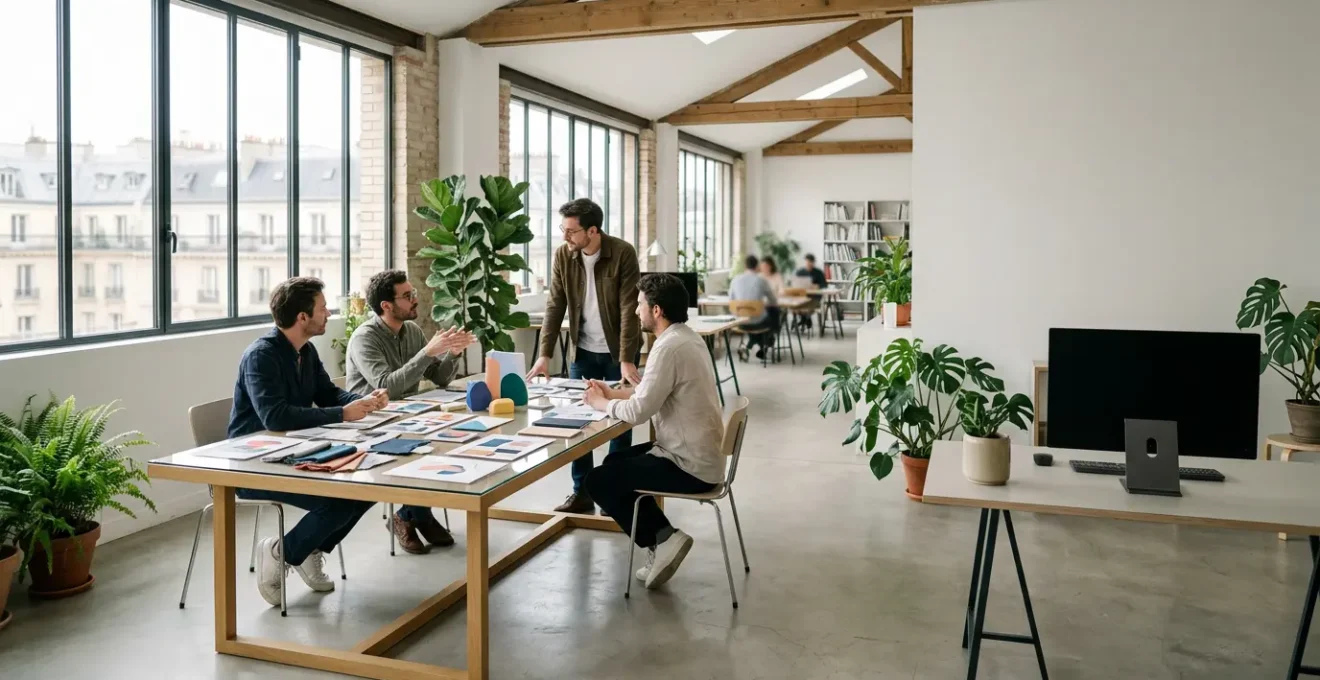 Équipe créative d'un studio graphique en pleine séance de brainstorming dans un espace de travail moderne