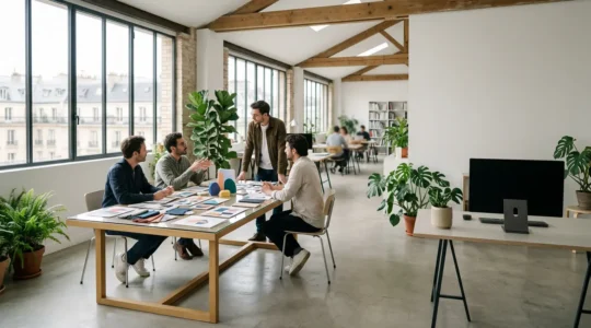Équipe créative d'un studio graphique en pleine séance de brainstorming dans un espace de travail moderne
