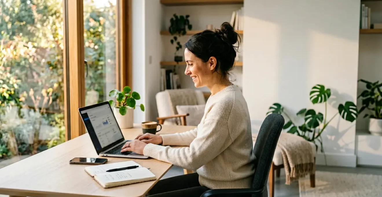 Vue d'ensemble d'un entrepreneur lançant sa boutique Shopify depuis son bureau, écran d'ordinateur visible de côté avec interface e-commerce floue