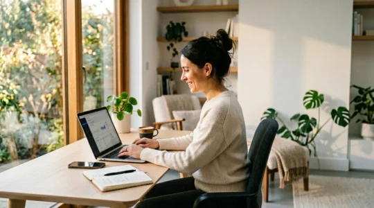 Vue d'ensemble d'un entrepreneur lançant sa boutique Shopify depuis son bureau, écran d'ordinateur visible de côté avec interface e-commerce floue