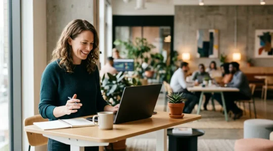 Professionnel en environnement de travail moderne utilisant des outils numériques pour développer son image de marque