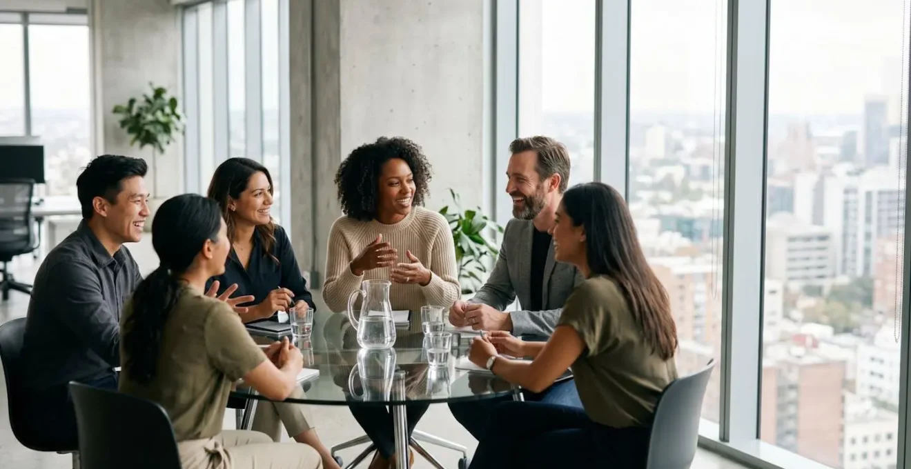 Groupe de professionnels en discussion autour d'une table ronde moderne formant un réseau de connexions
