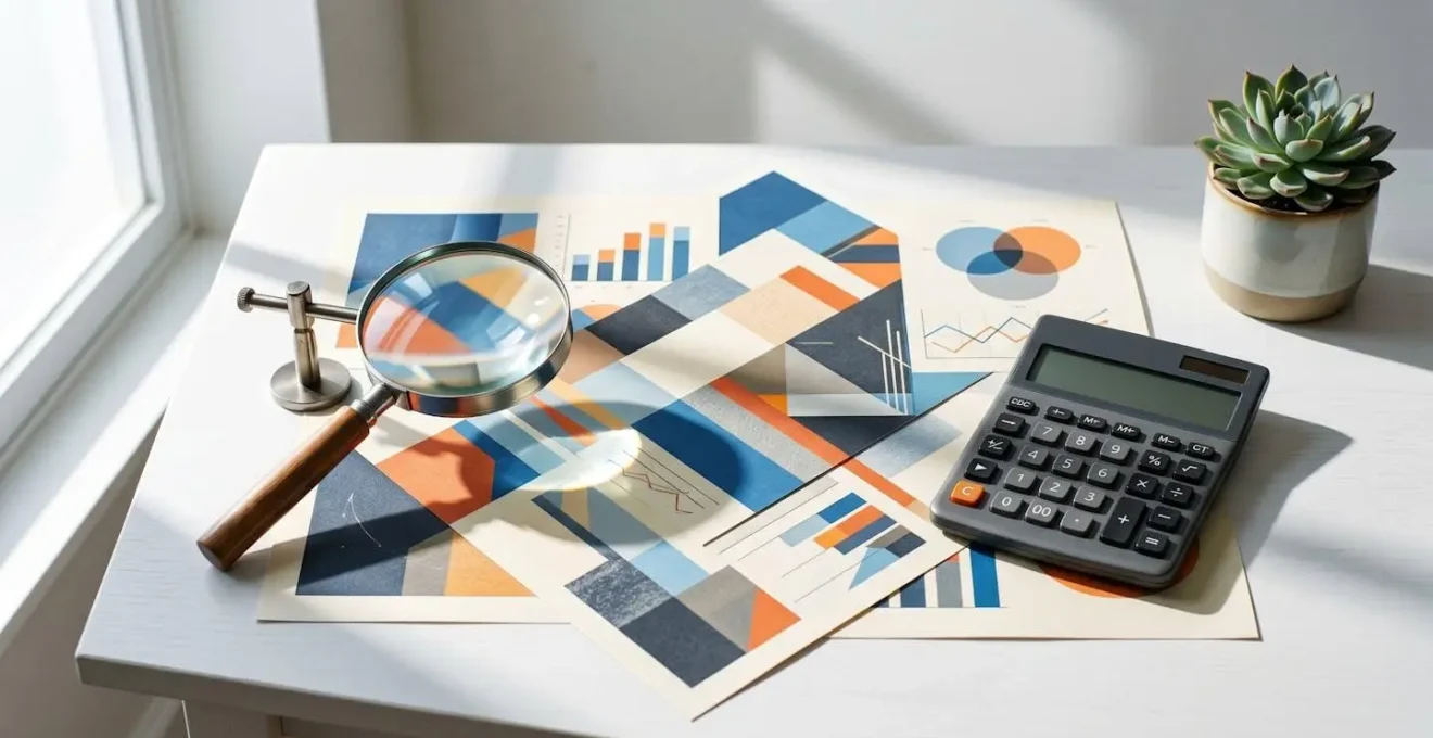 Composition minimaliste montrant des documents et une calculatrice sur bureau épuré