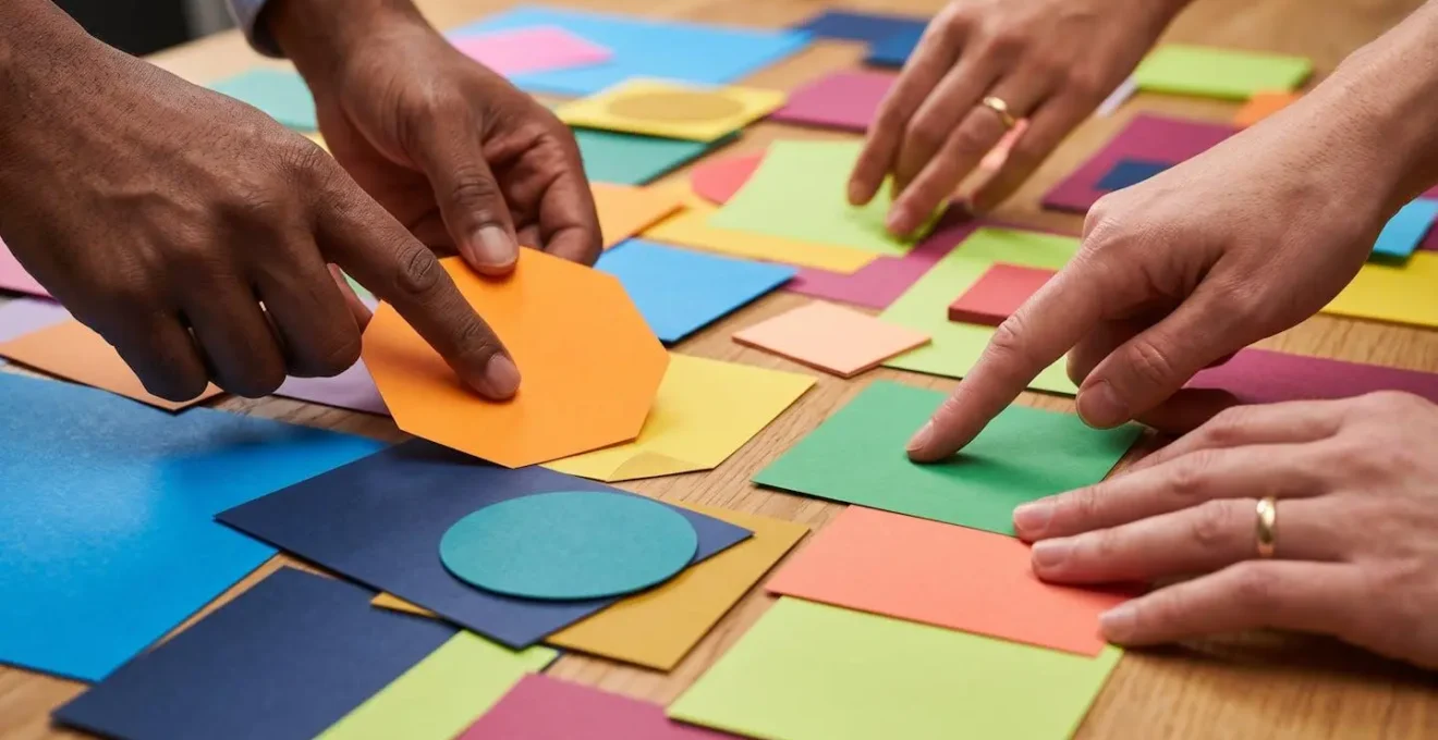 Professionnels analysant des données d'engagement sur papiers colorés disposés sur une table