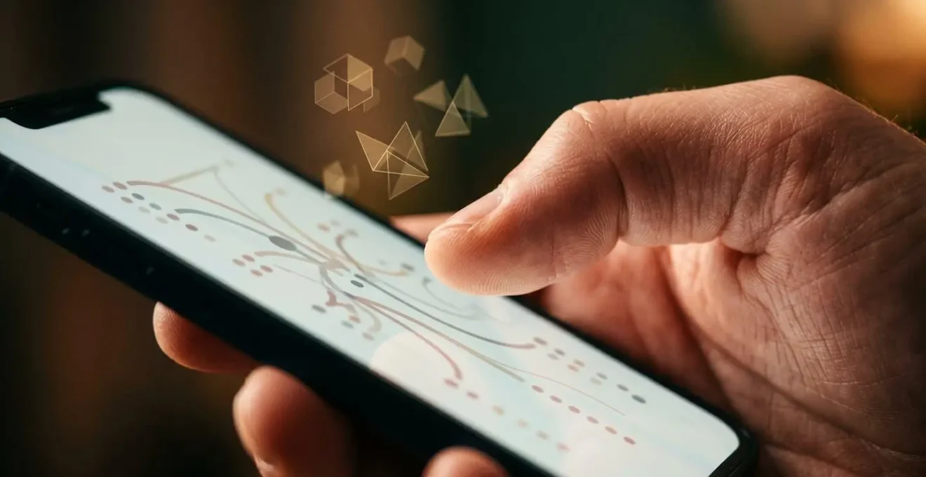 Vue macro d'une main tenant un smartphone montrant des graphiques abstraits de parcours d'achat