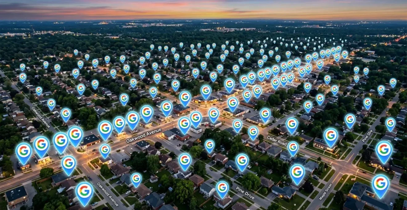 Vue aérienne d'un quartier avec des épingles lumineuses symbolisant les fiches Google Business