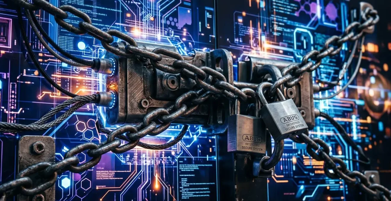 Cadenas de sécurité métallique sur fond technologique abstrait