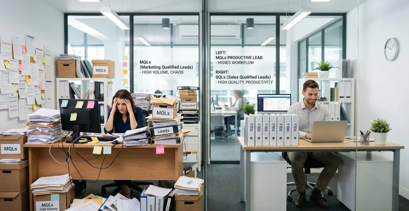 Deux bureaux : l'un submergé par des centaines de papiers (MQLs), l'autre avec 10 dossiers parfaitement ordonnés (SQLs), illustrant le contraste de productivité.