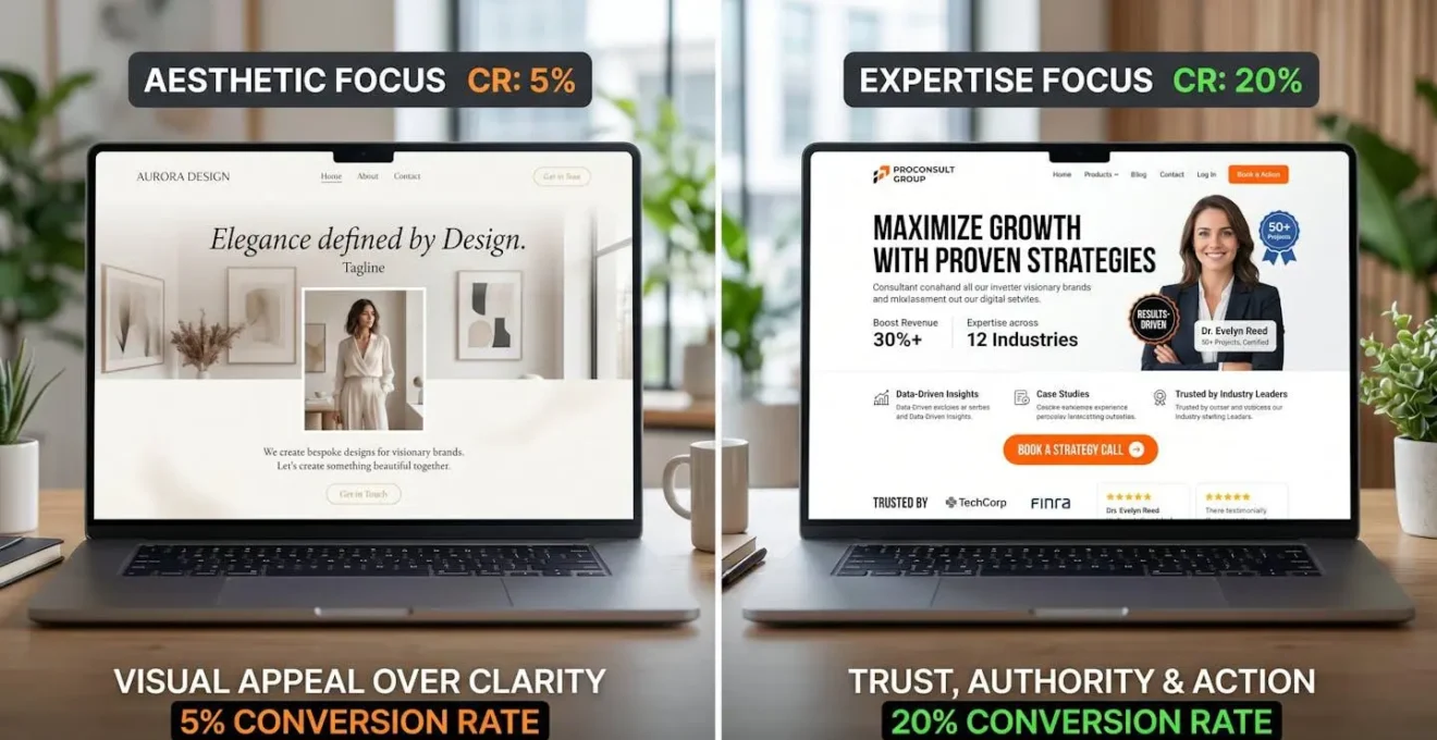 Deux écrans côte à côte montrant des landing pages avec taux de conversion contrastés : une esthétique à 5% et une orientée expertise à 20%