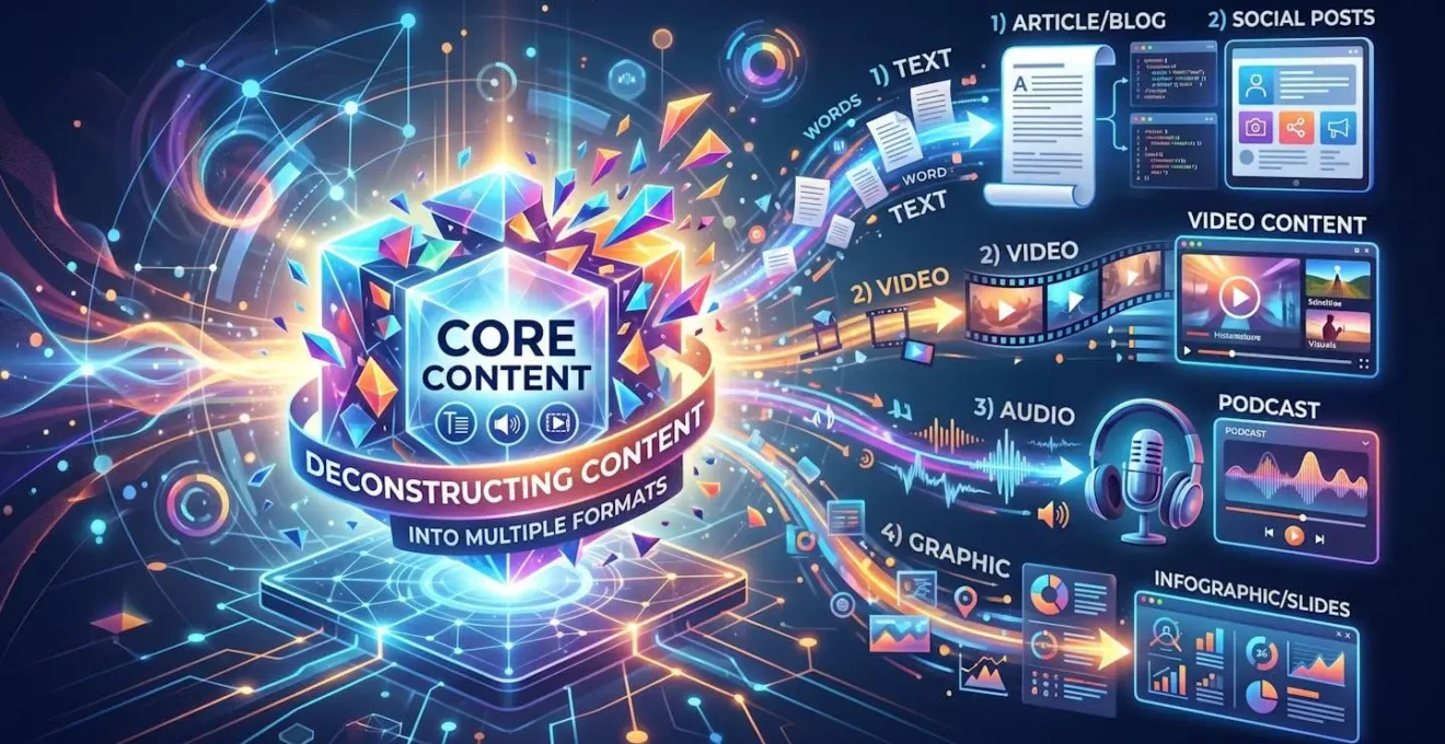 Concept visuel de déconstruction d'un contenu en plusieurs formats