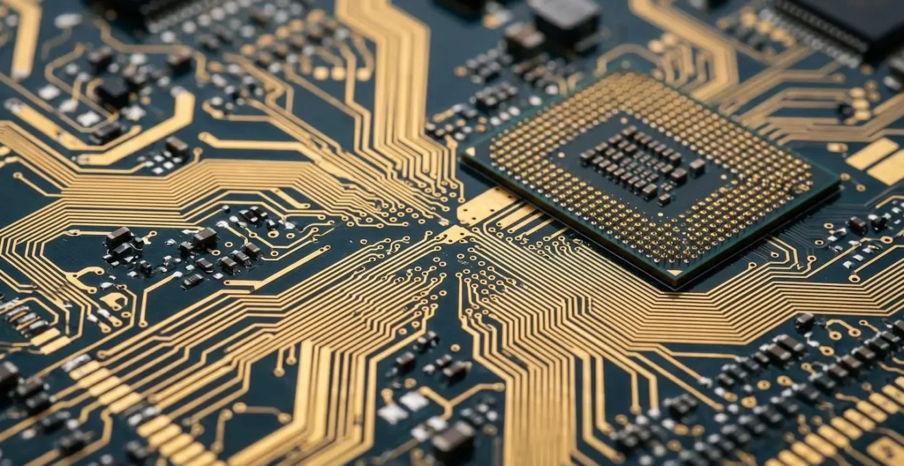 Vue macro de circuits électroniques interconnectés symbolisant l'écosystème modulaire PrestaShop