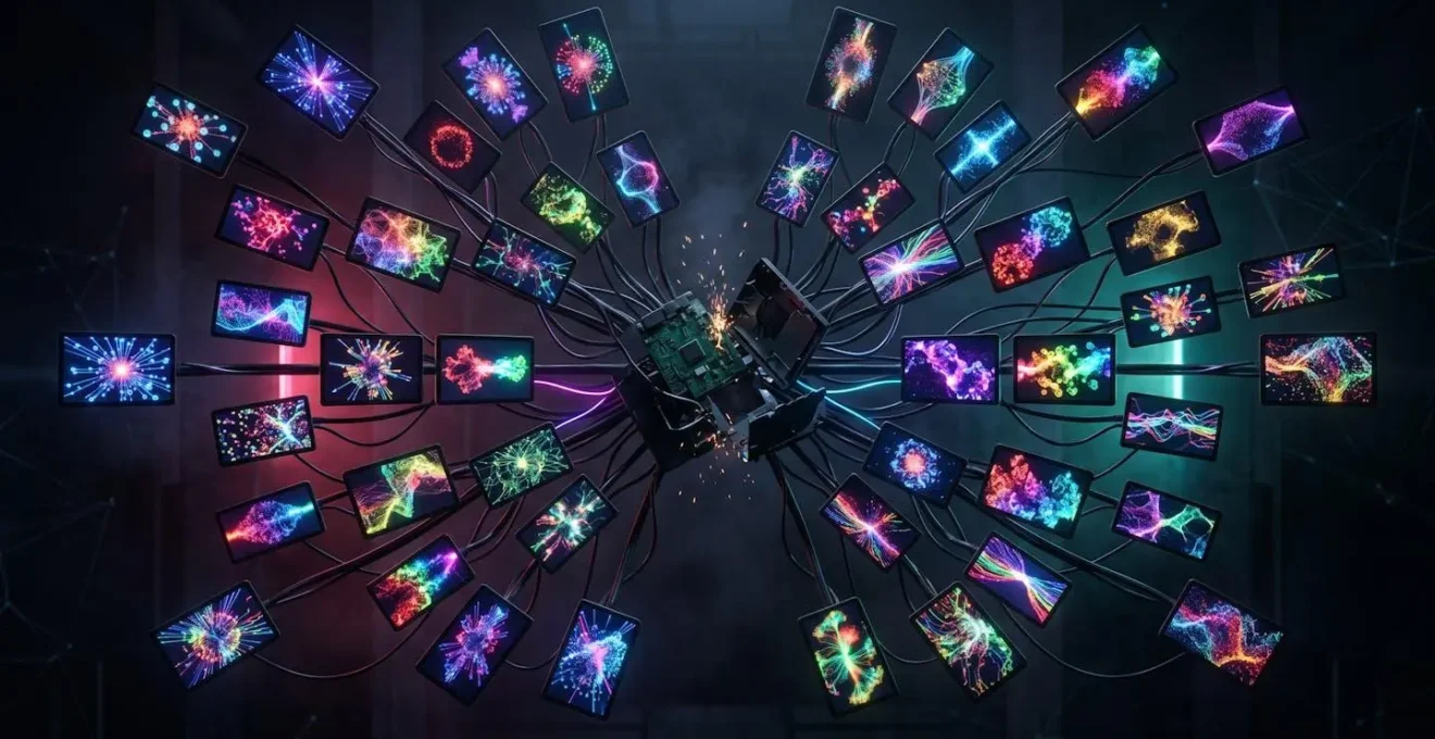 Métaphore visuelle de l'effet hydre avec multiplication d'écrans et de dispositifs numériques