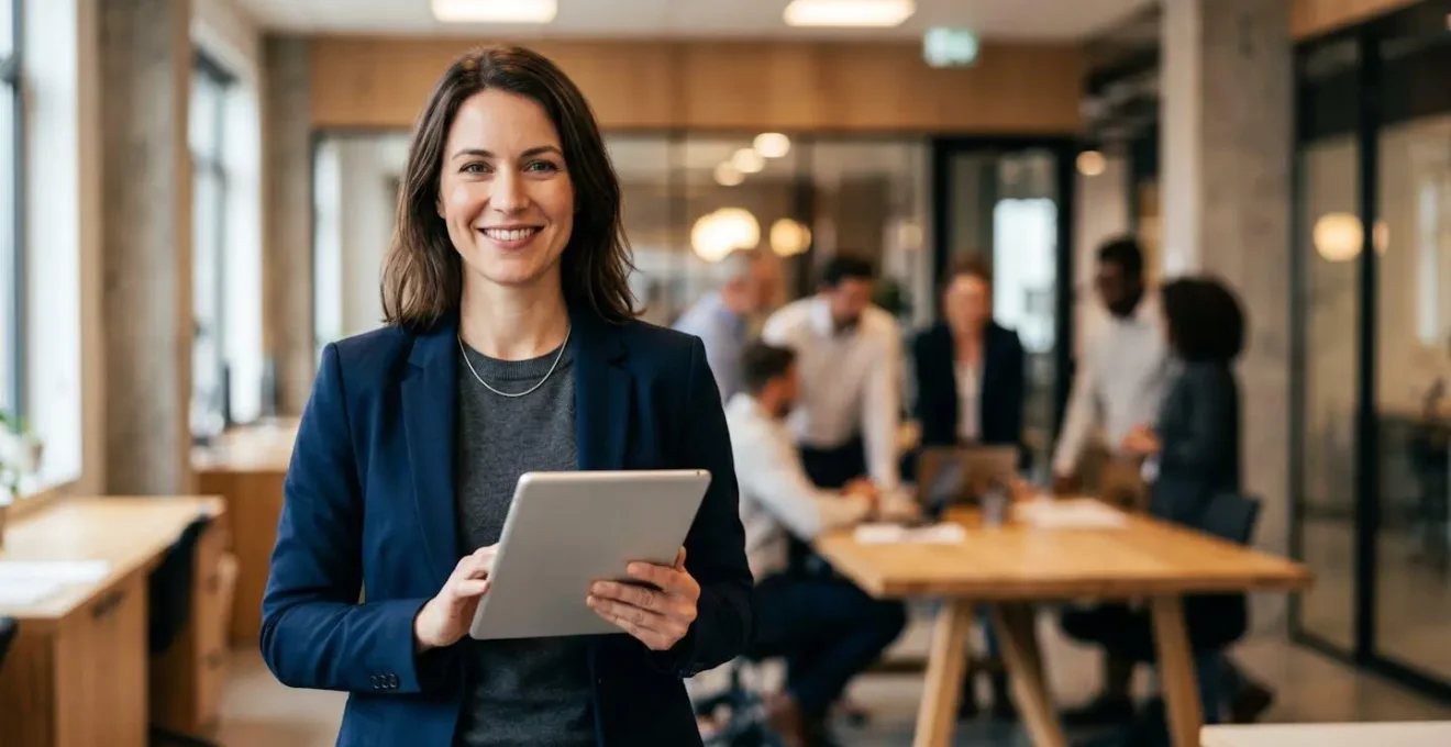 Portrait d'une professionnelle souriante utilisant une tablette dans un espace de coworking lumineux, collègues en arrière-plan flou