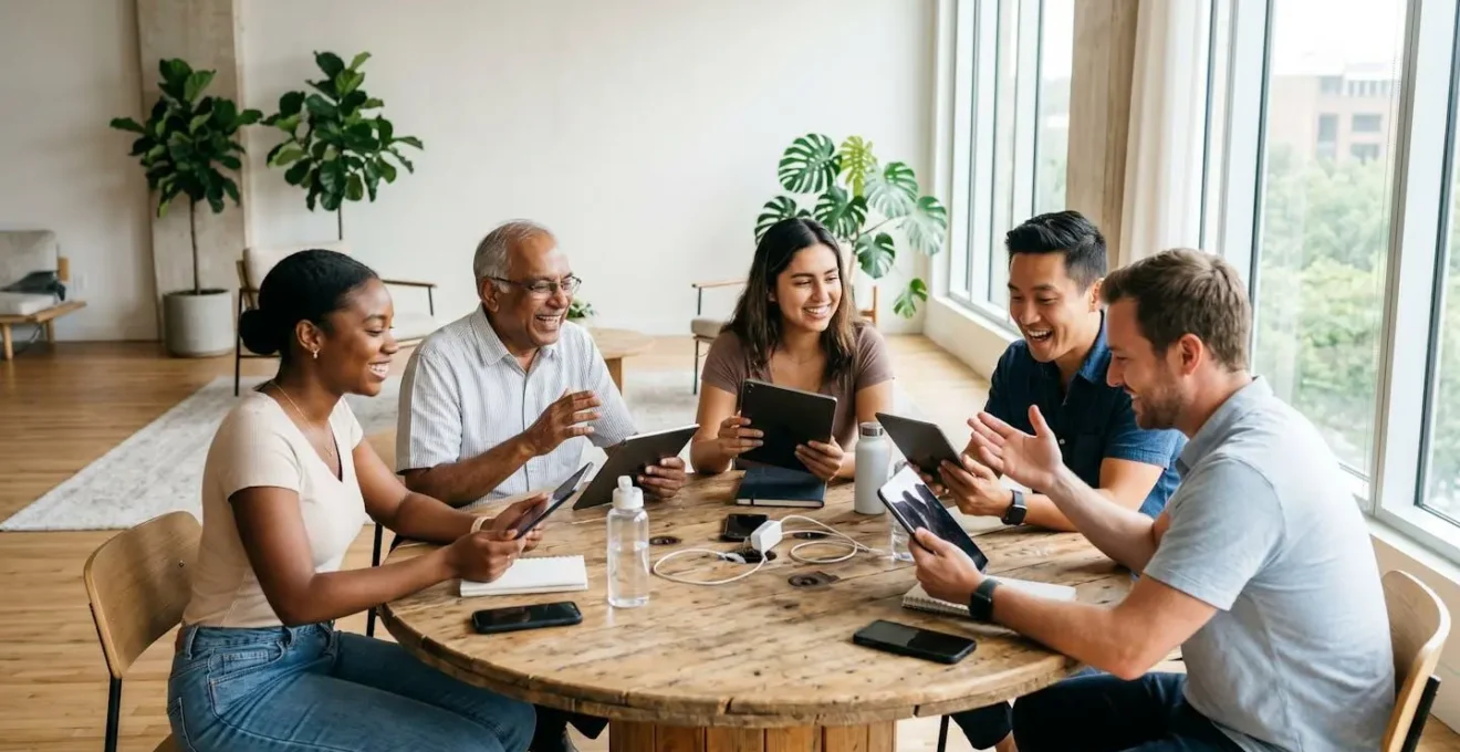 Groupe de personnes participant à un sondage interactif sur tablettes dans un espace collaboratif