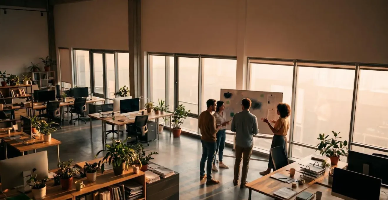 Espace de travail collaboratif avec équipe en discussion naturelle