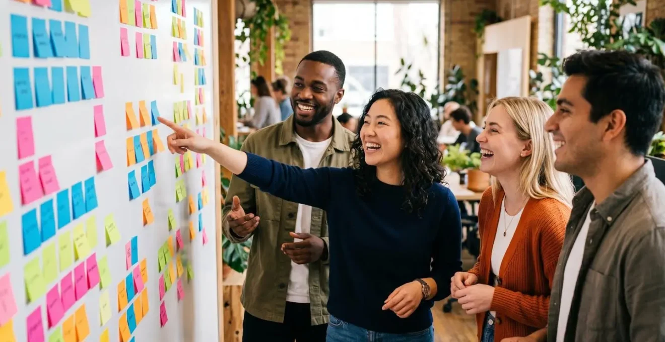 Équipe créative en brainstorming avec des post-its colorés sur un mur