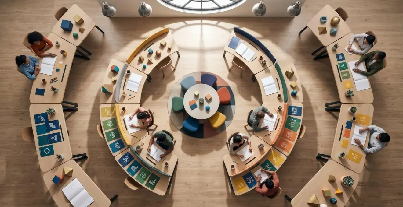Vue aérienne d'un espace de travail créatif avec planning de projets et calendrier