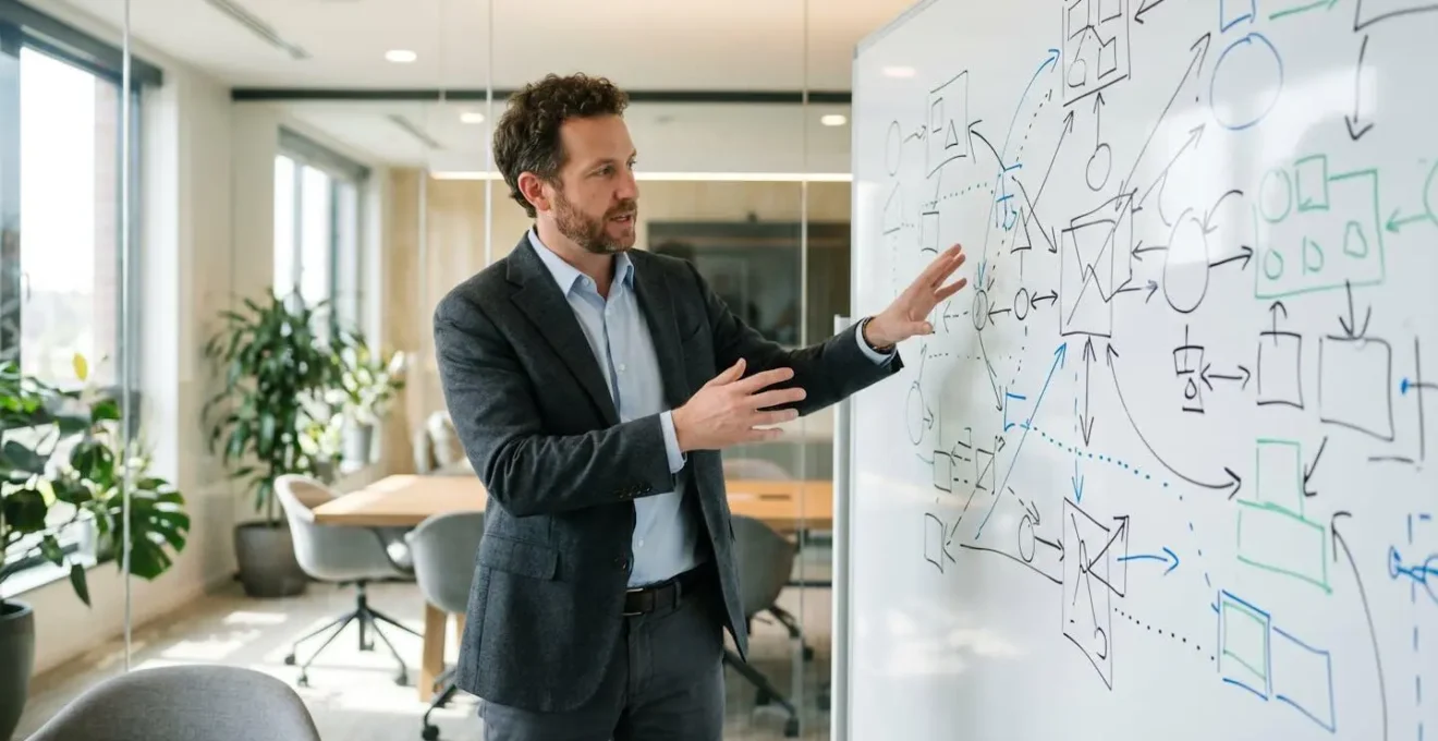 Expert donnant une présentation devant un tableau blanc avec des concepts stratégiques dessinés