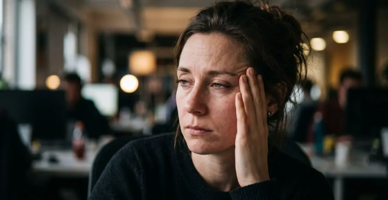 Portrait rapproché d'une personne exprimant la lassitude face à un écran, éclairage dramatique