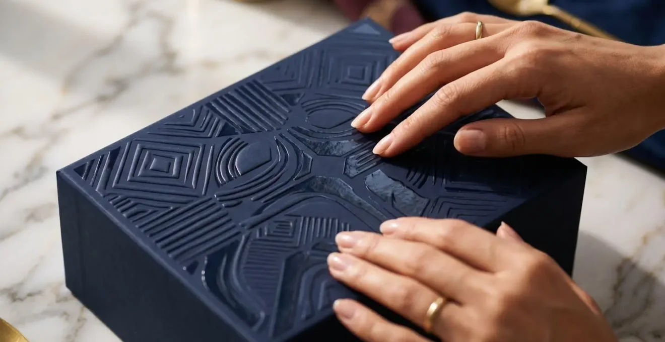 Détails de finitions haut de gamme sur packaging avec effets de lumière et textures