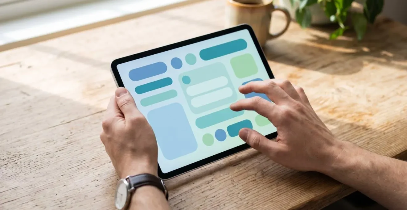 Vue en plongée d'une personne remplissant un formulaire simplifié sur tablette