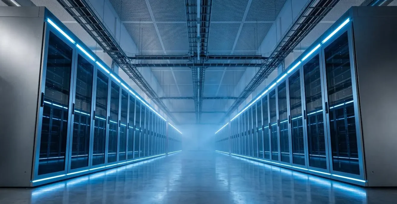 Vue panoramique d'un datacenter français moderne avec rangées de serveurs