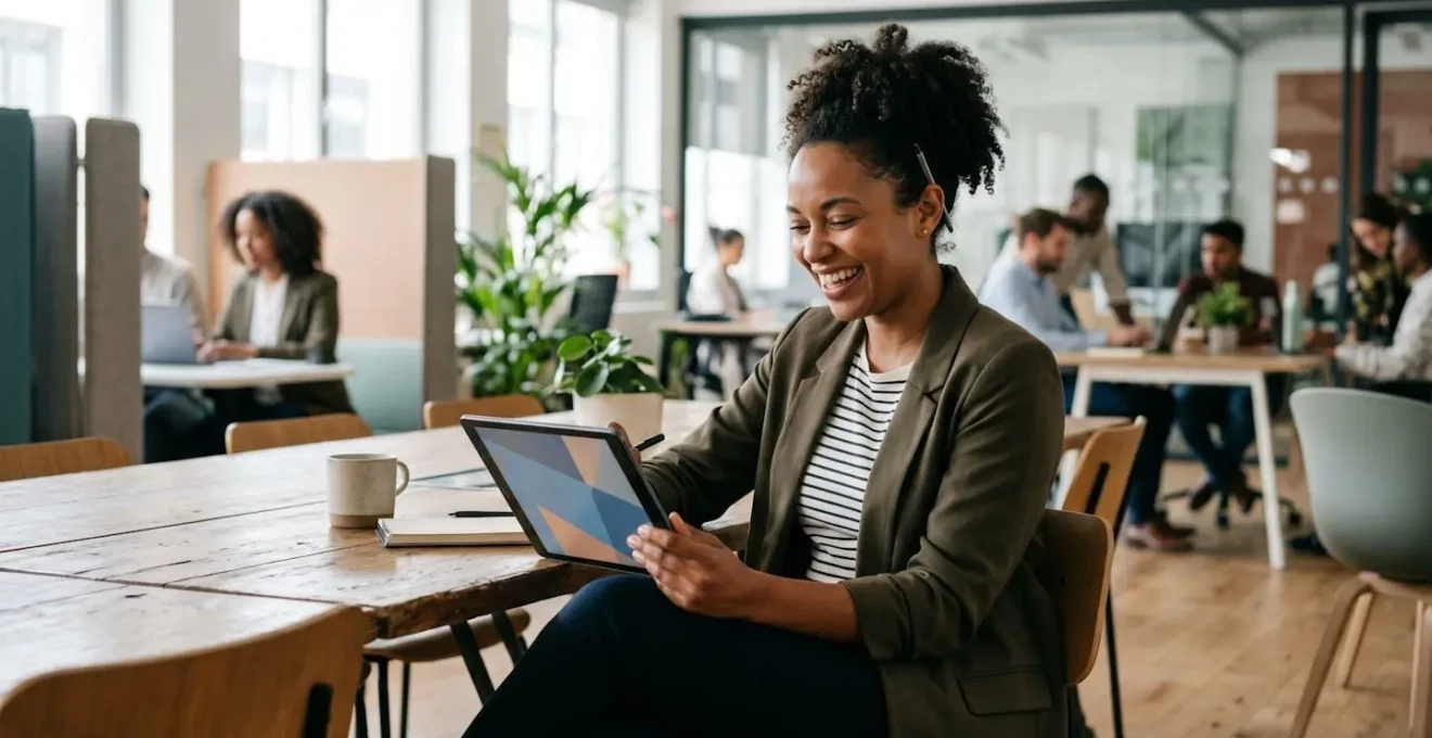 Commercial utilisant naturellement une tablette dans un environnement de travail épuré et moderne