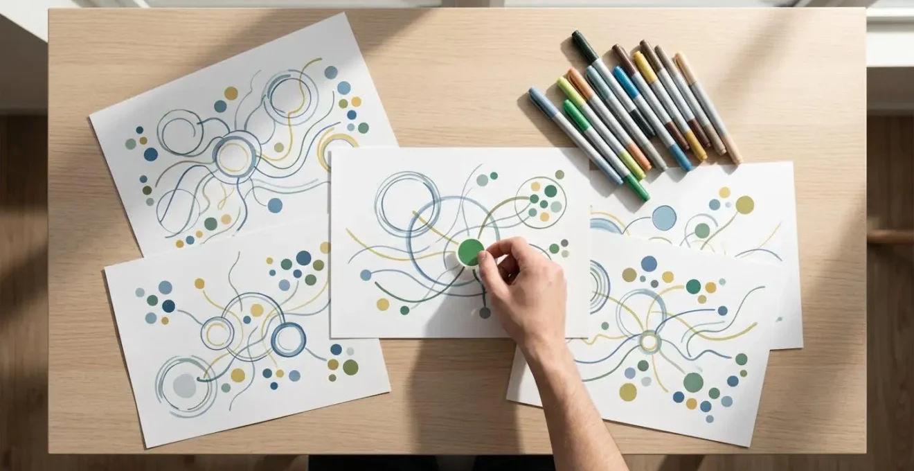 Bureau minimaliste avec papiers montrant des diagrammes abstraits et marqueurs colorés