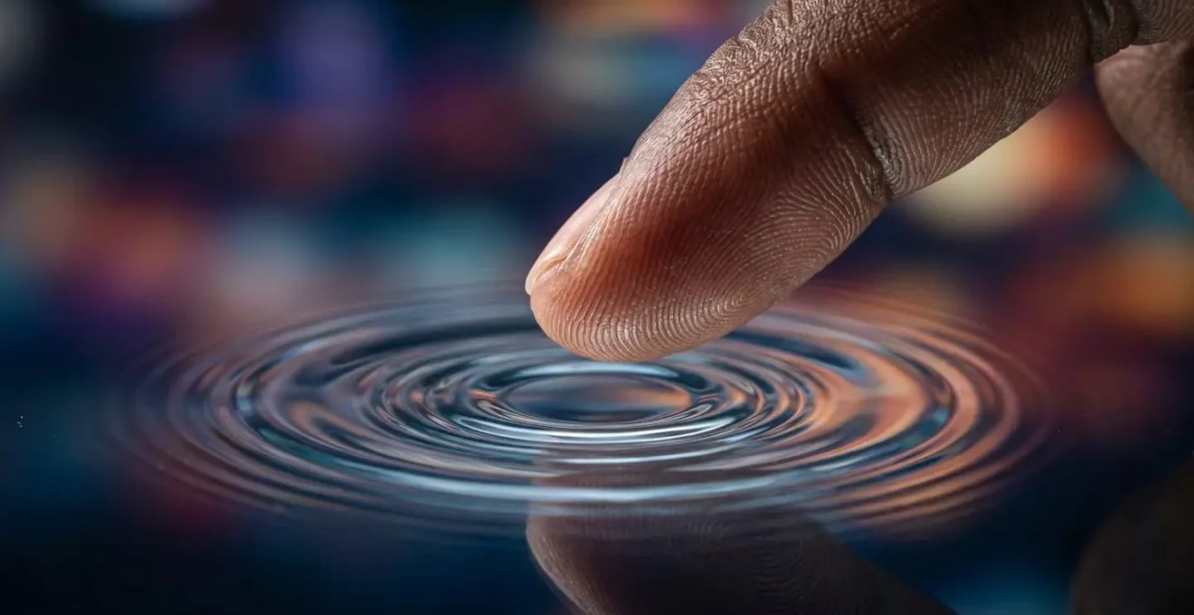 Main interagissant avec une interface montrant des ondulations et des réactions visuelles au toucher