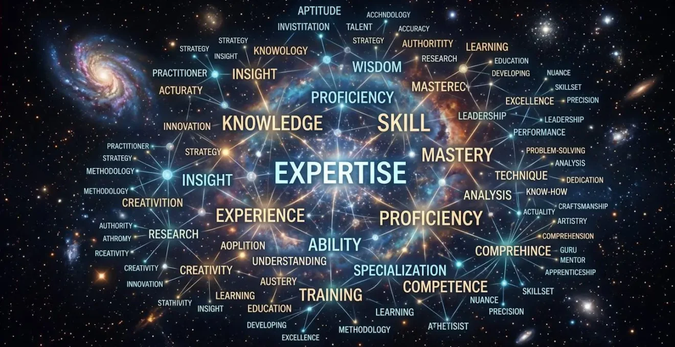 Réseau de mots interconnectés flottant dans l'espace, symbolisant le champ lexical d'expert