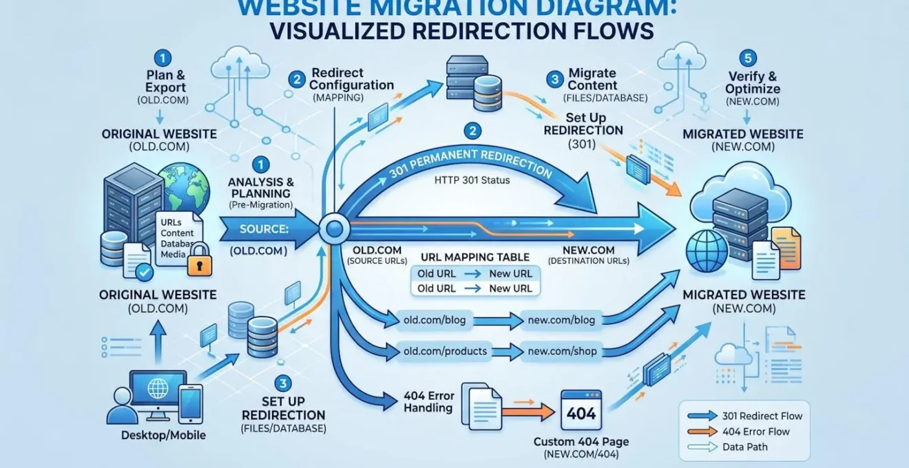 Schéma de migration d'un site web avec flux de redirections visualisés