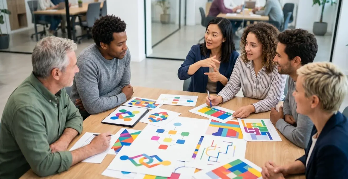 Vue aérienne d'une équipe projet autour d'une table avec documents d'audit et diagrammes colorés