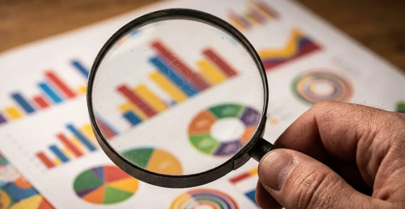 Vue macro d'une main tenant une loupe au-dessus de documents d'analyse avec graphiques abstraits