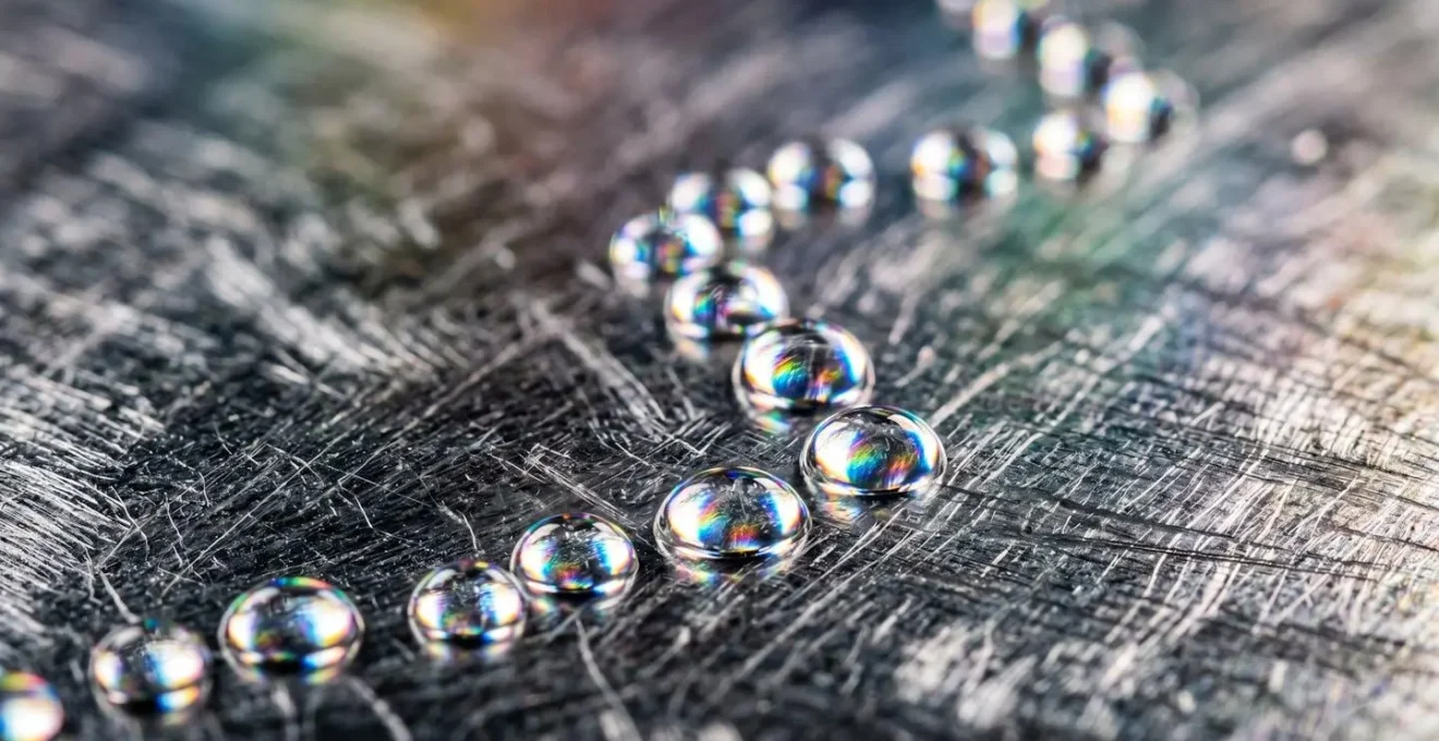 Vue macro de gouttes d'eau formant un chemin sur une surface texturée représentant le parcours de retargeting
