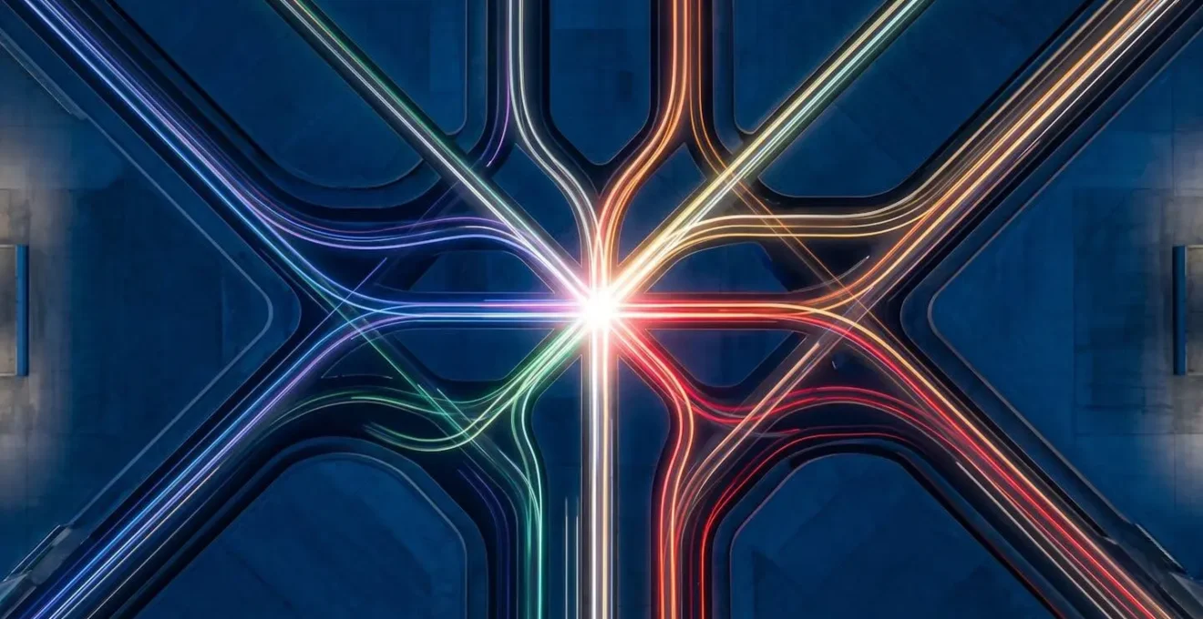 Vue aérienne minimaliste de chemins convergents avec différentes intensités lumineuses représentant les scores de leads