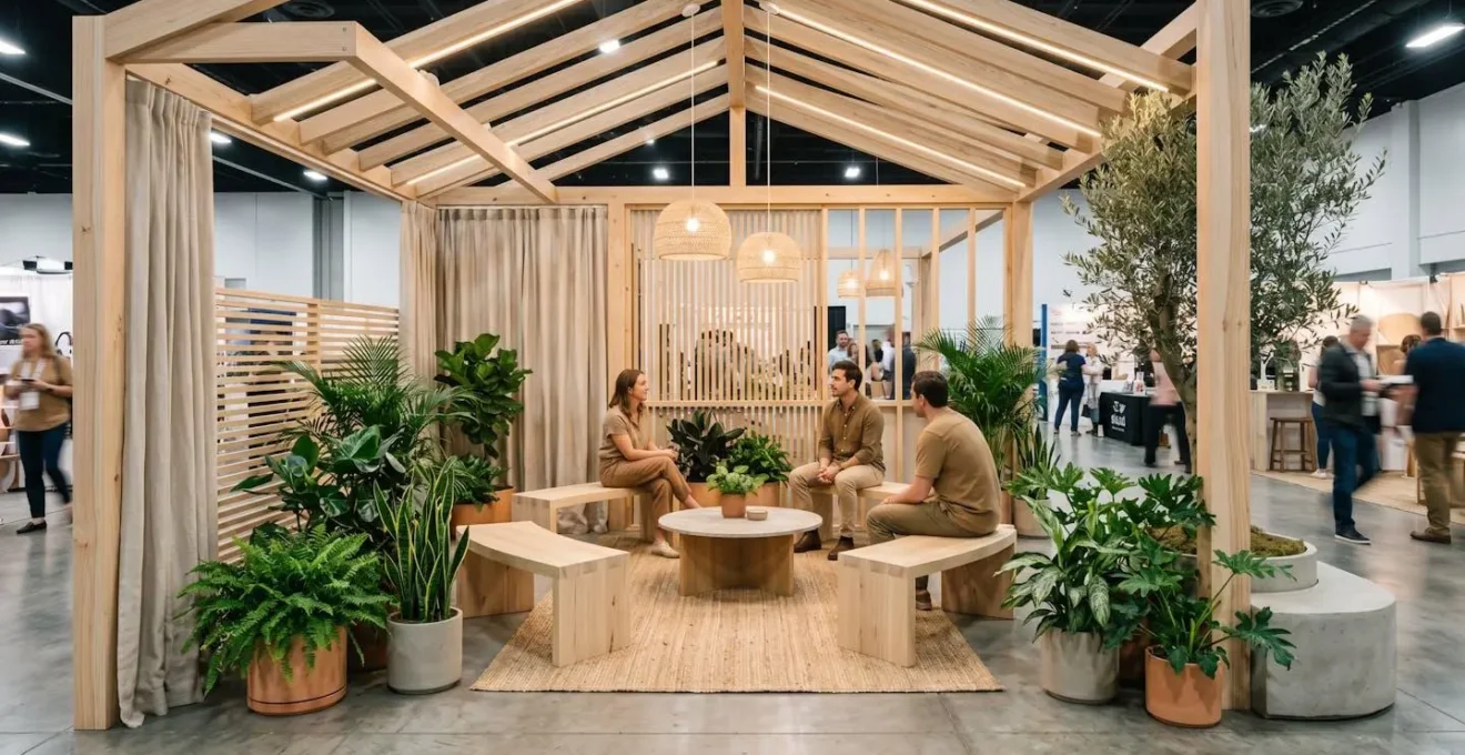 Vue large d'un stand de salon professionnel épuré avec espace de discussion ouvert, matériaux naturels et éclairage doux