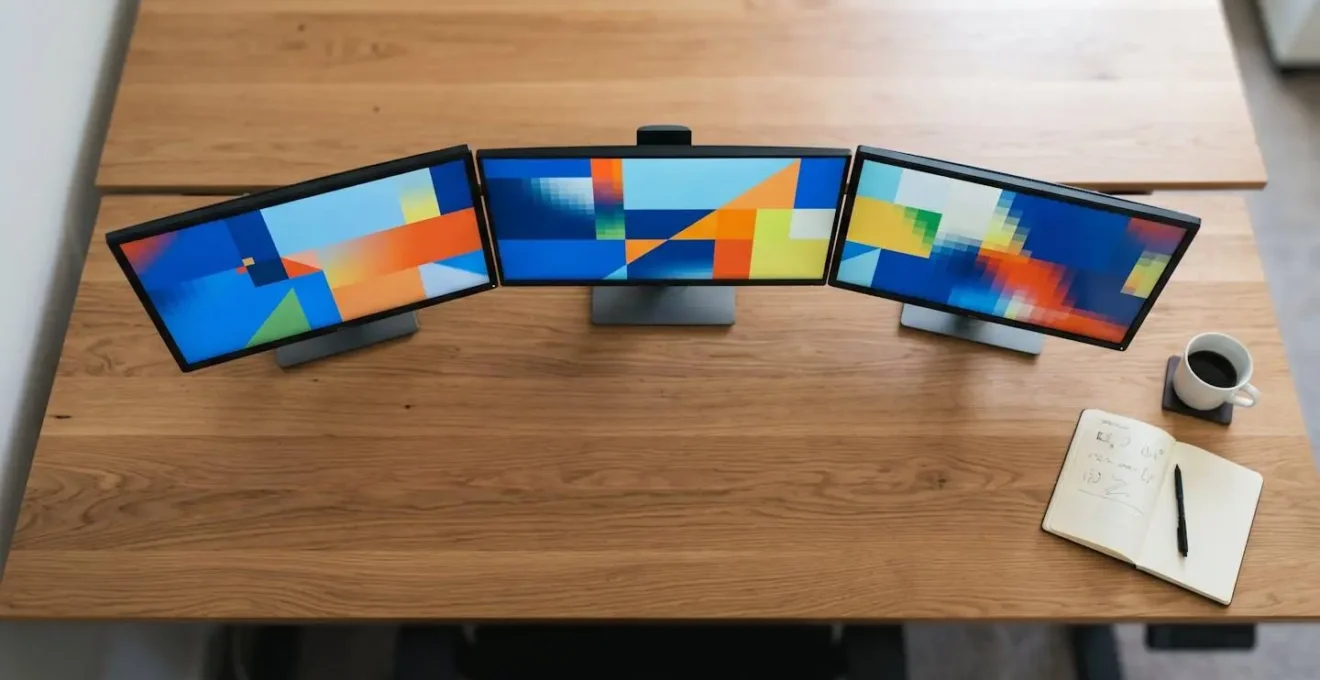 Vue aérienne d'un bureau moderne avec plusieurs écrans affichant des tableaux de bord colorés
